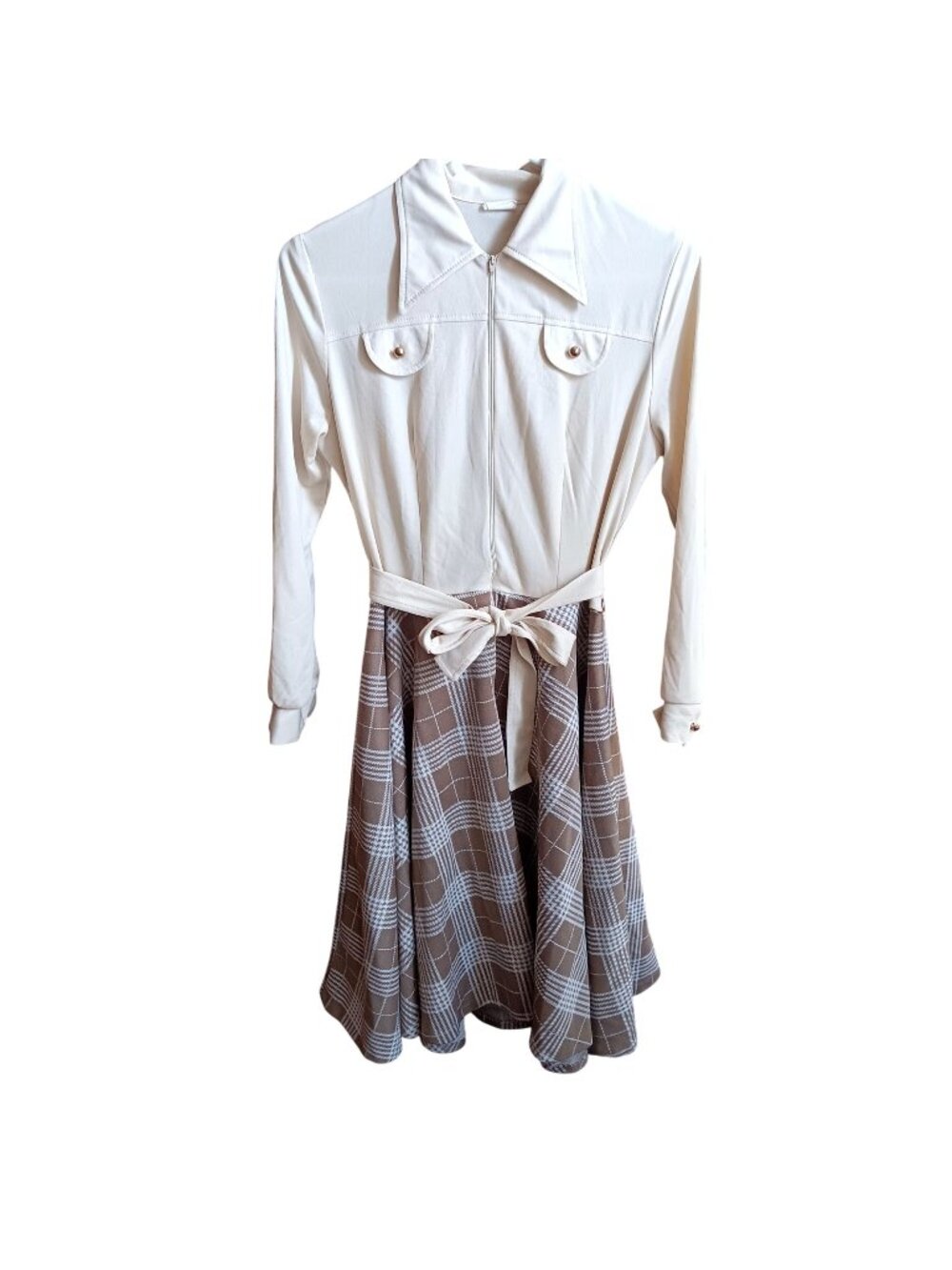 True Vintage Secretary Dress 14 Cream Top Plaid Skirt Belted Waist 1970's Knit